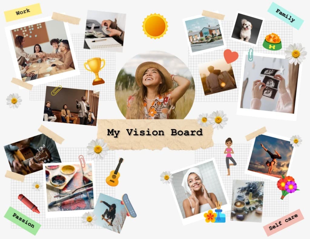 Vision board with goals for work, family, passion, and self care