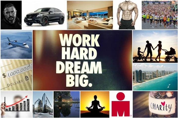 Vision board with work hard dream big quote, career finance, family home, and wellness goals
